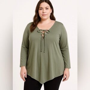 Moa Moa Women Green Oliv Purple Short Sleeve T-Shirt Large Cross Cross Tie Front